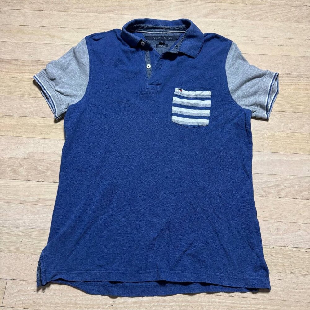 Vintage Tommy Hilfiger Custom Fit Blue Gray Sleeve Polo S/P Preppy